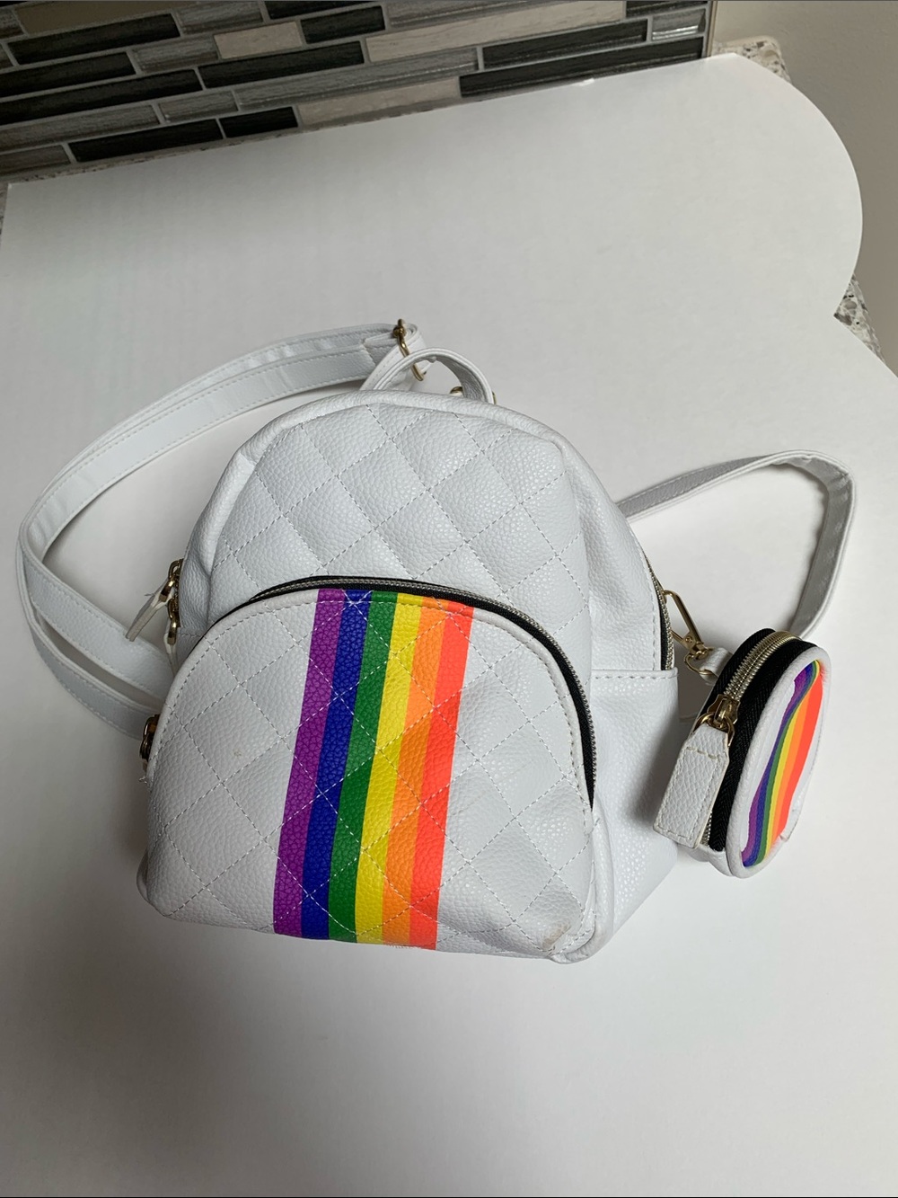 Cute & Stylish Claire's White Quilted Mini Backpack w/Coin Pocket. Pre-Owned.8x8